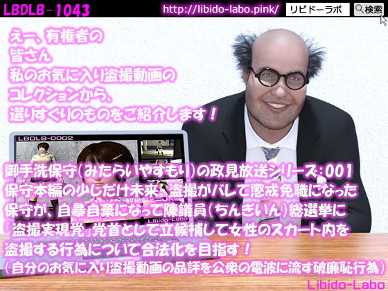 【●100】御手洗保守（みたらいやすもり）の政見放送シリーズ:001 保守本編の少しだけ未来。盗撮がバレて懲戒免職になった保守が、自暴自棄になって陳議員総選挙に『盗撮実現党』党首として立候補して女性のスカート内を盗撮する行為について合法化を目指す！（自分のお気に入り盗撮動画の品評を公衆の電波に流す破廉恥行為）