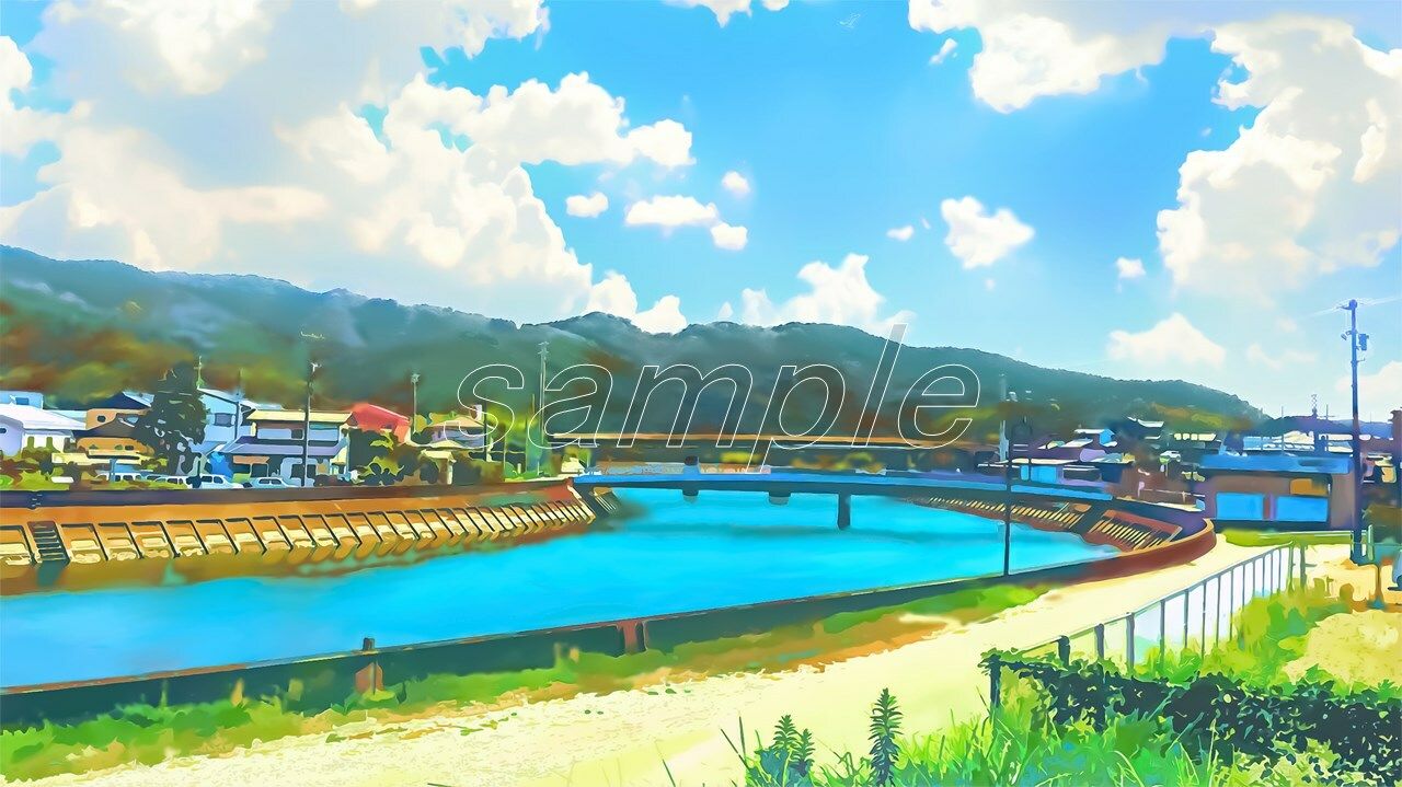 田舎の河川と橋【背景素材(夕方差分+空くり抜きセット)】 画像1