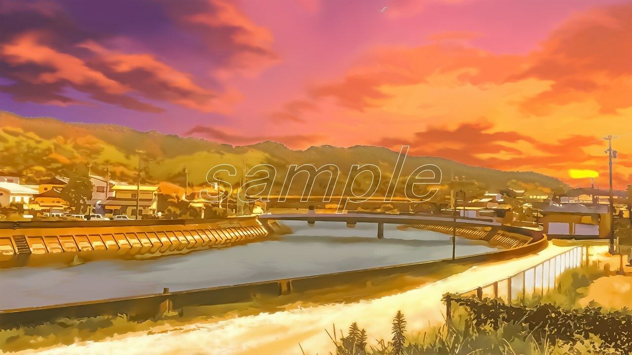 田舎の河川と橋【背景素材（夕方差分＋空くり抜きセット）】 | 爽やか処理済み痛快空間