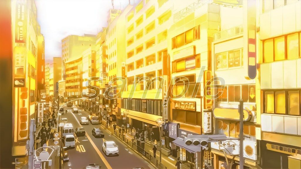 サンプル-都会の繁華街 【背景素材（夕方差分＋空くり抜きセット）】 - サンプル画像