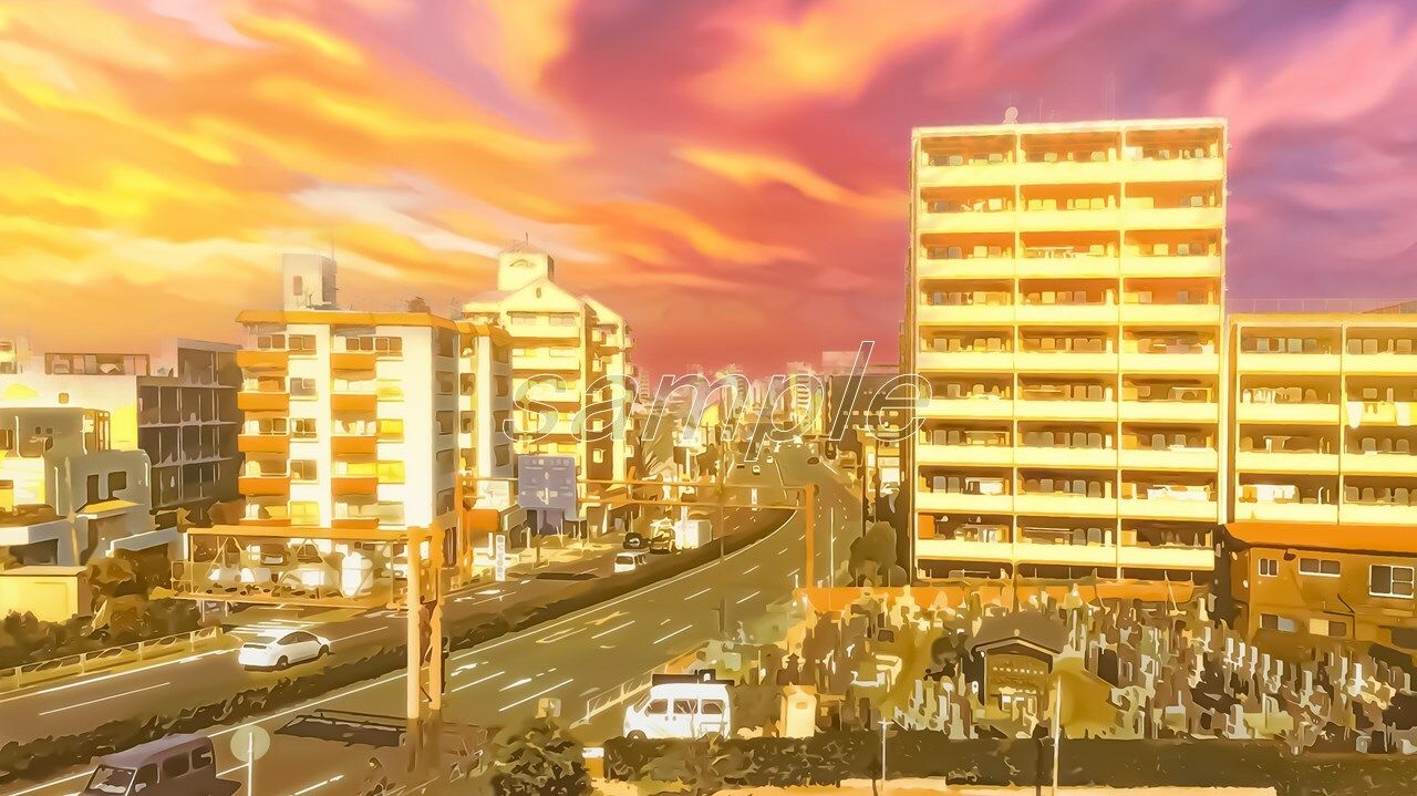 サンプル-都会のマンションと国道【背景素材（夕方差分＋空くり抜きセット）】 - サンプル画像