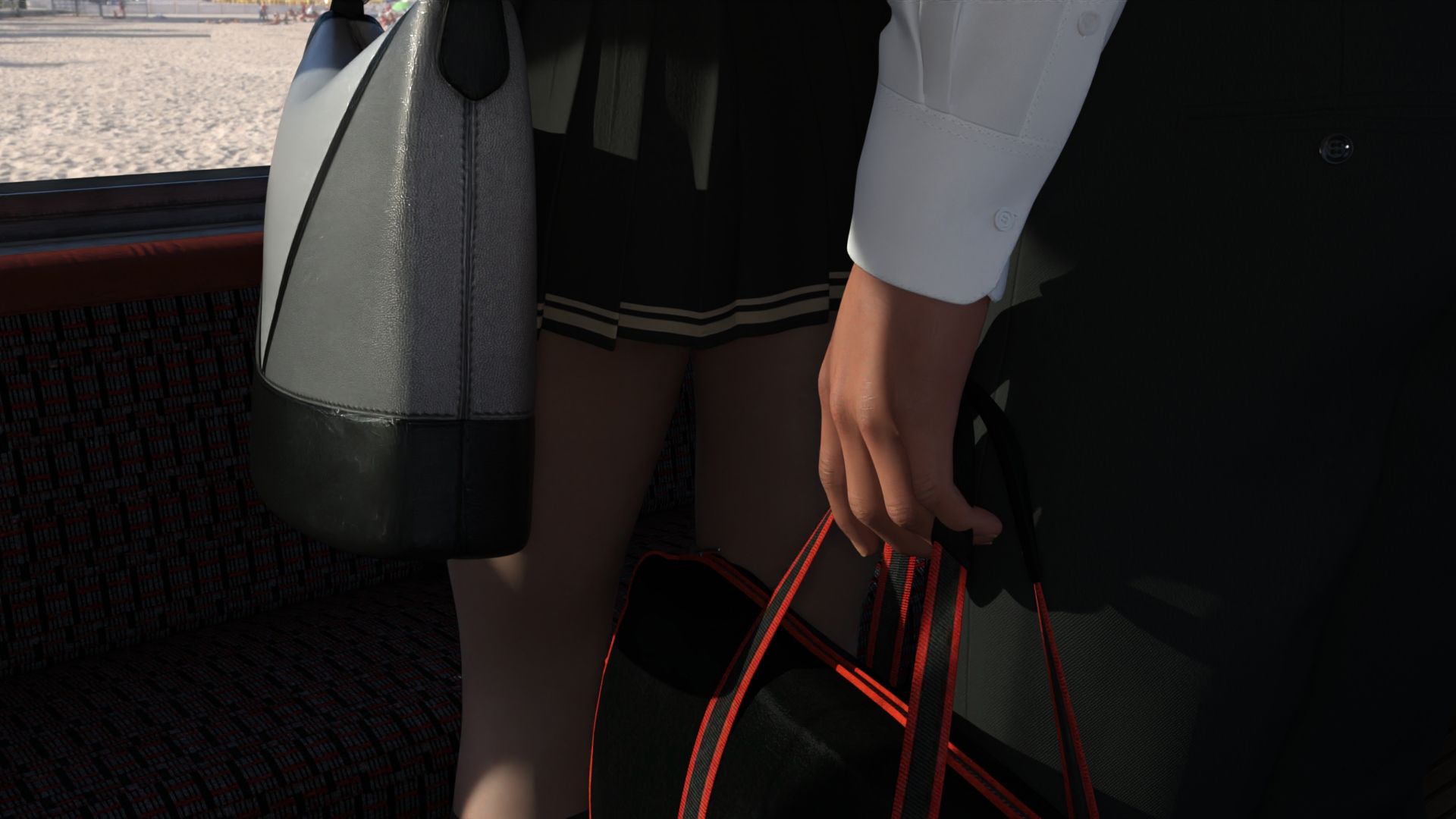 一ノ瀬廻里の電車通学中のナマ脚（手練れの盗撮師にスカート内を撮られている様子。パンティバリエーション07:サテン地ピンク色のシマシマパンティ編）_5