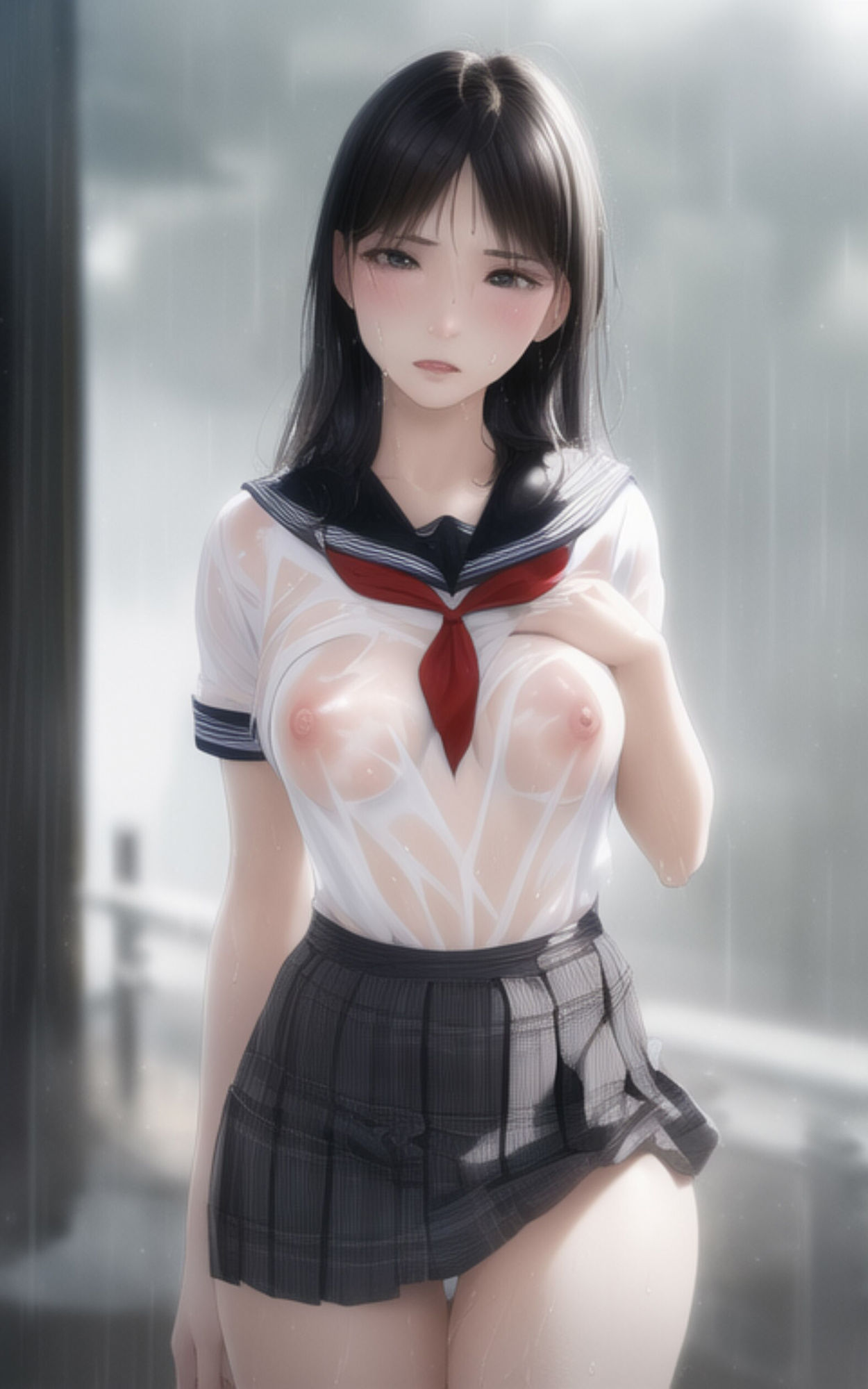 雨で濡れた制服美女が諦めてその場で脱いで全部見せてくれる写真集