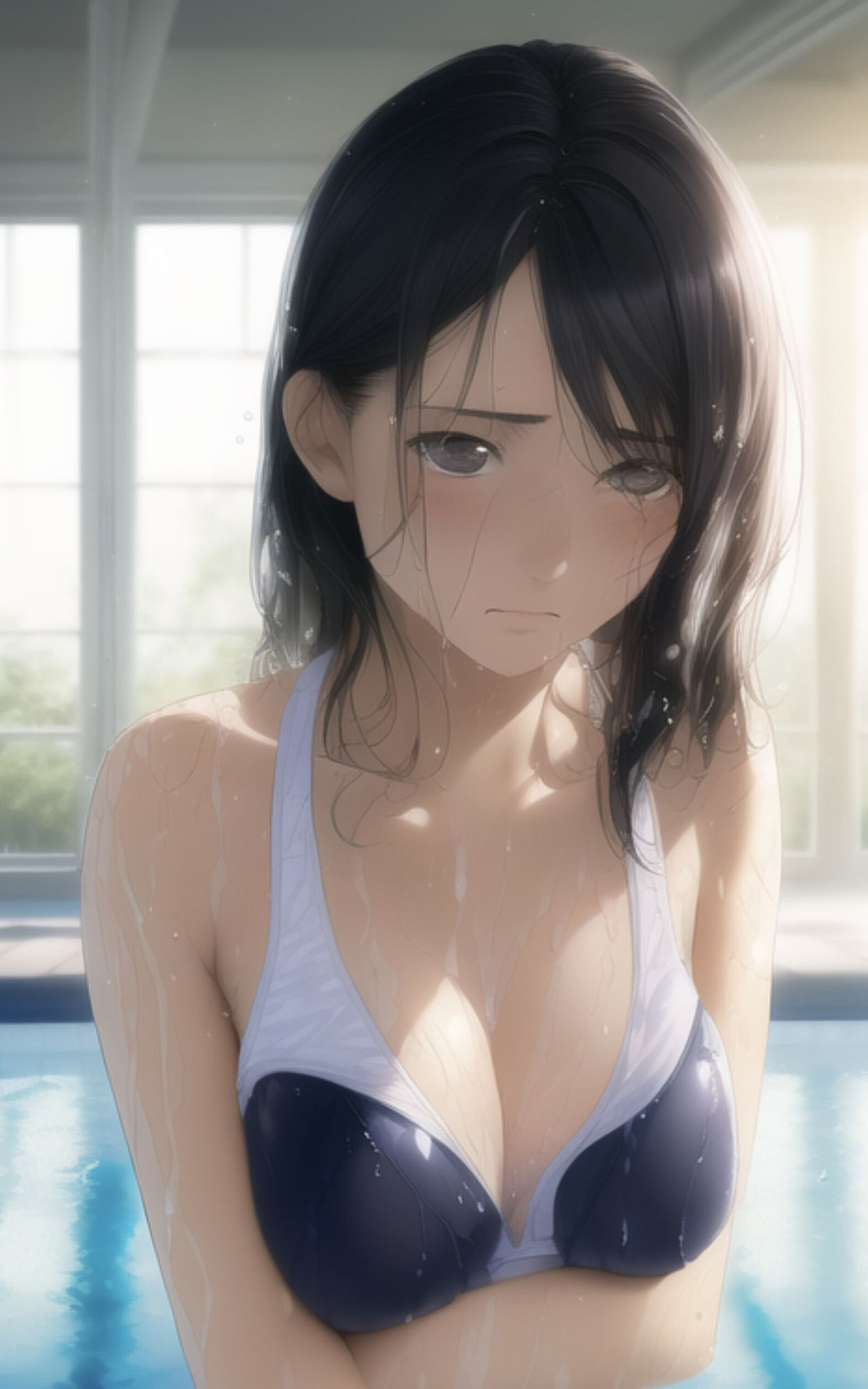 スク水の巨乳な女の子に何度もお願いしたら、おっぱいを見せてくれた。