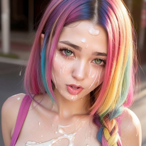 精液をぶっかけられてお化粧が崩れたカラフルヘアの美女（セリフなし AI画像集）_5