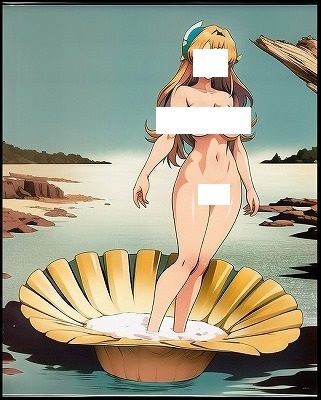 名画復刻:アレクサンドル・カバネルの名画『ヴィーナスの誕生』の真似をする巨乳女子（アニメ調） 画像1