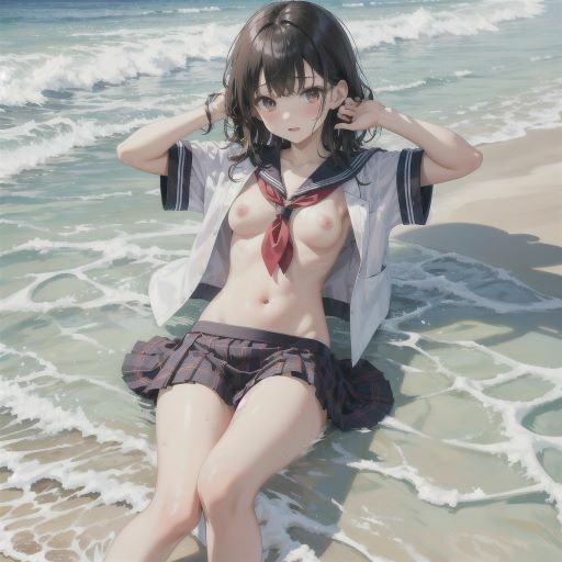 海辺で遊ぶ、びしょ濡れ制服美少女_3