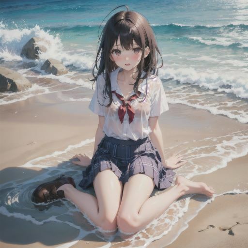 海辺で遊ぶ、びしょ濡れ制服美少女_6