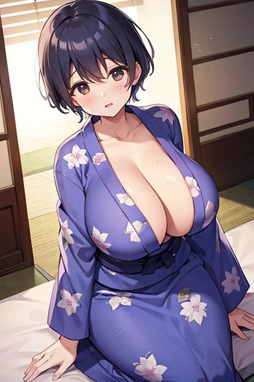 浴衣姿で巨乳のショートカット美女3