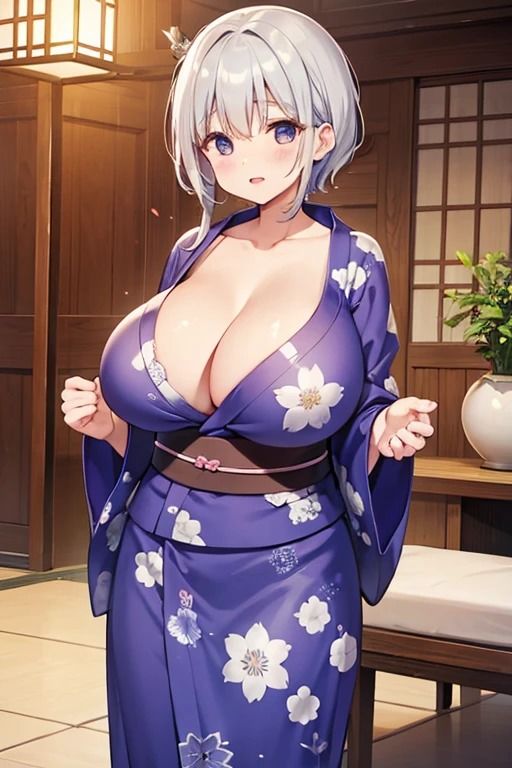 浴衣姿で巨乳のショートカット美女