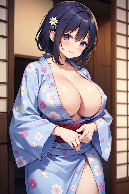 浴衣姿で巨乳のショートカット美女_7