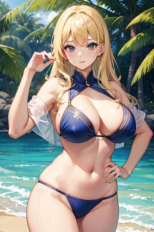 海辺の巨乳金髪美女 画像1