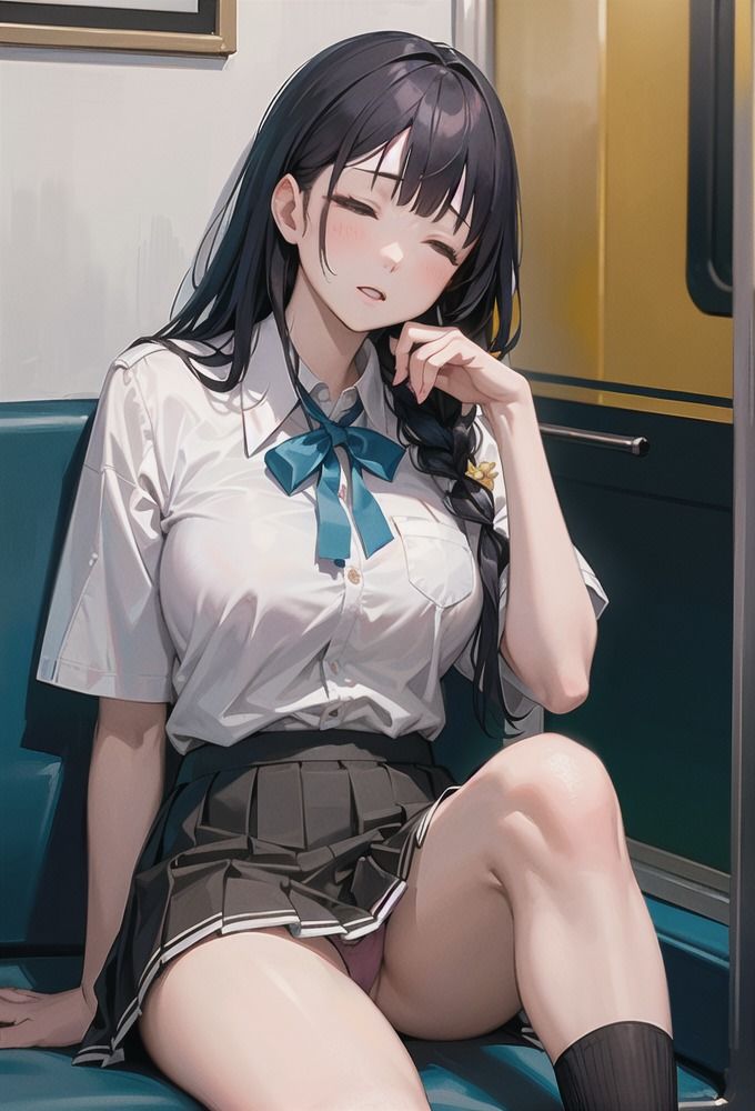 電車に座るミニスカJKのパンチラ 画像4