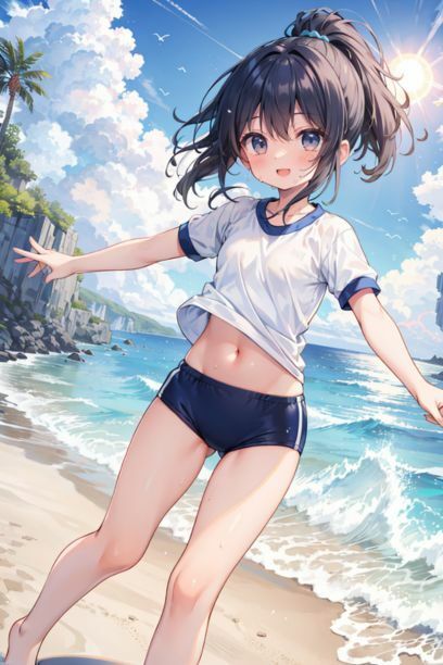 体操服を着た女の子と海 画像1