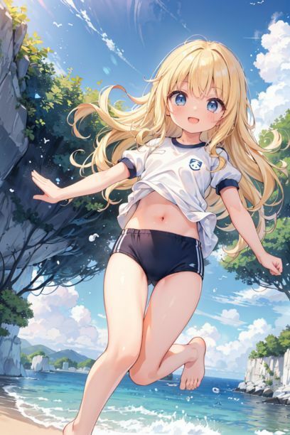 体操服を着た女の子と海 画像2