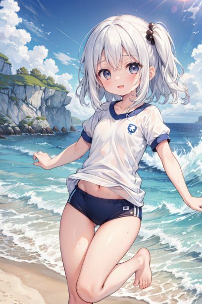 体操服を着た女の子と海