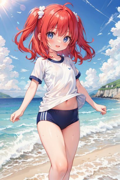 体操服を着た女の子と海