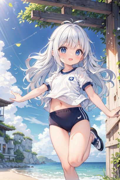 体操服を着た女の子と海 画像7