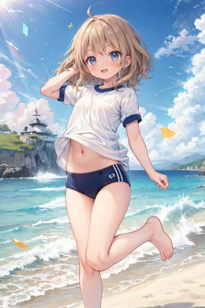 体操服を着た女の子と海