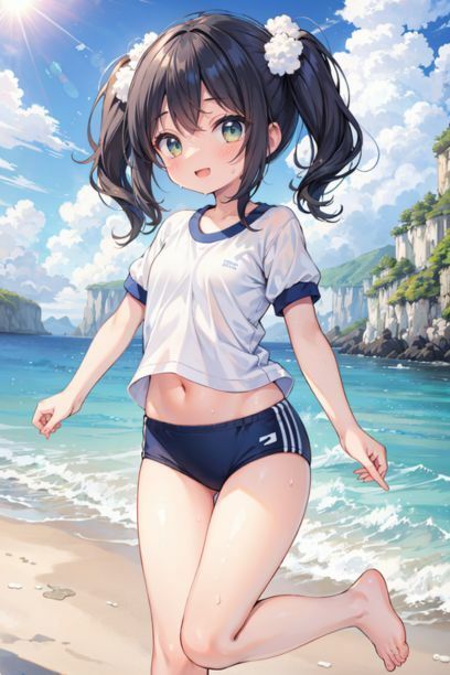 体操服を着た女の子と海 画像9