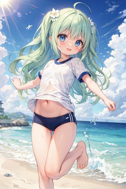 体操服を着た女の子と海