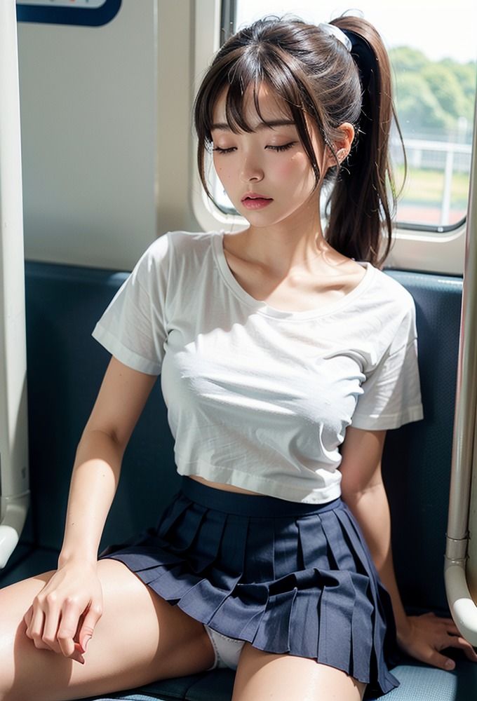 電車で眠るミニスカ美女のパンチラ