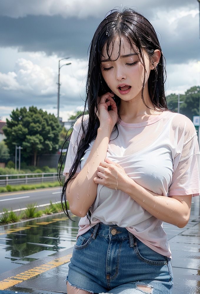 雨に濡れた美女