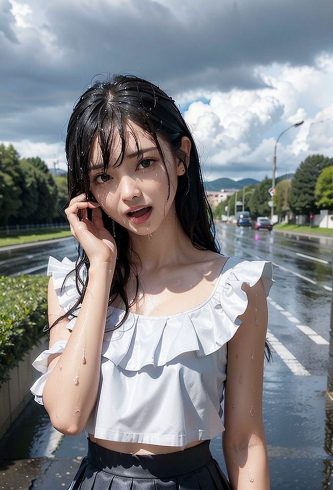 雨に濡れた美女