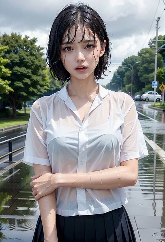 雨に濡れた美女