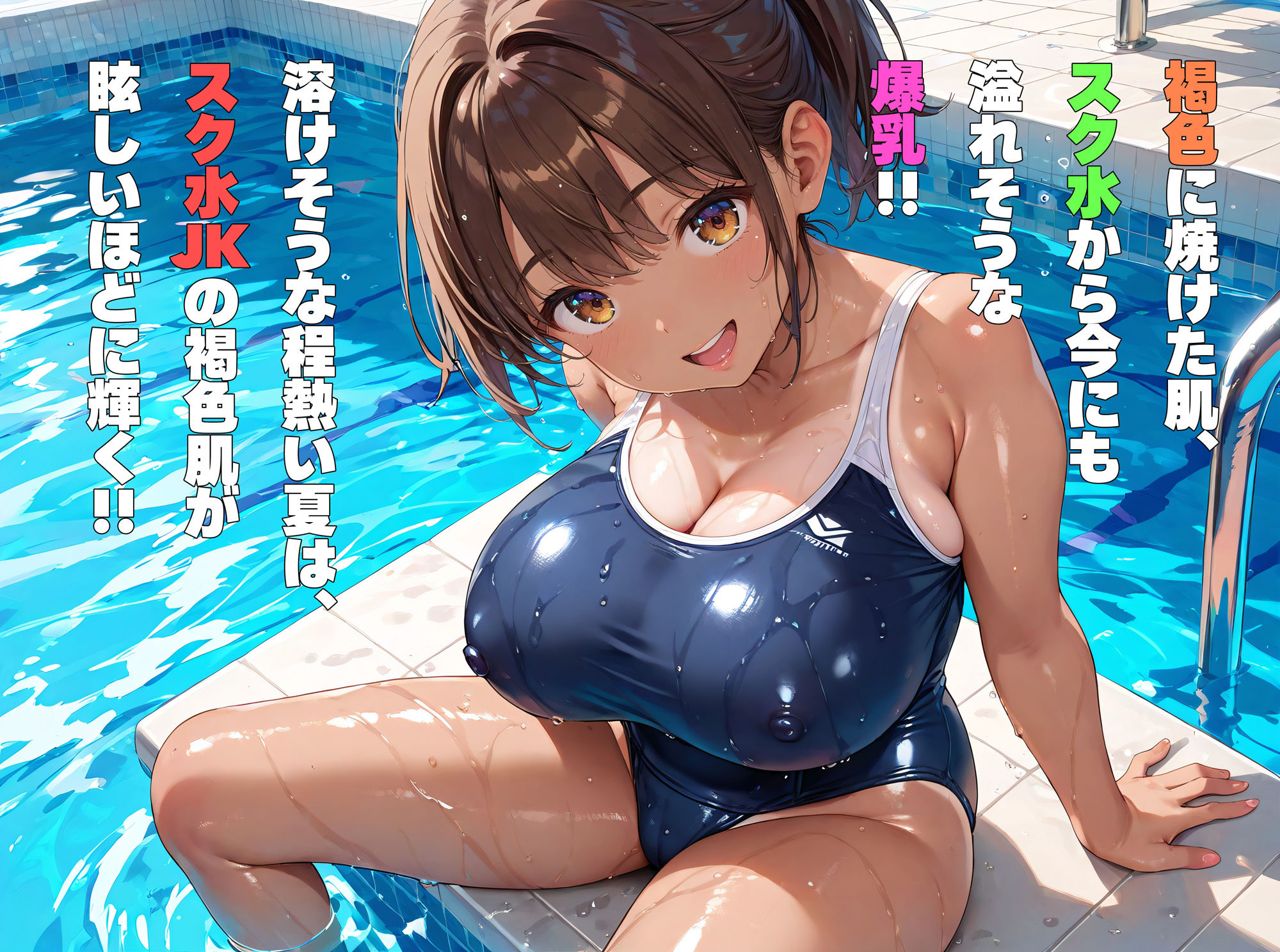 褐色で爆乳なスク水水泳部！ 画像1