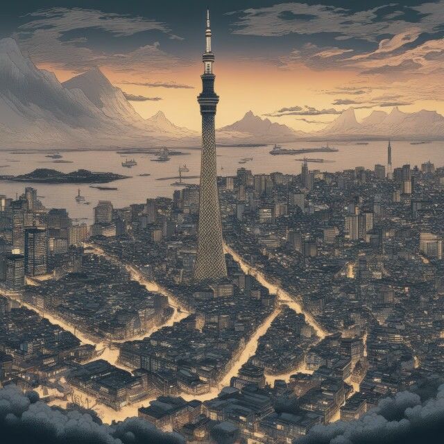 東京スカイツリーと富士山の浮世絵風イラスト Vol.1 画像1