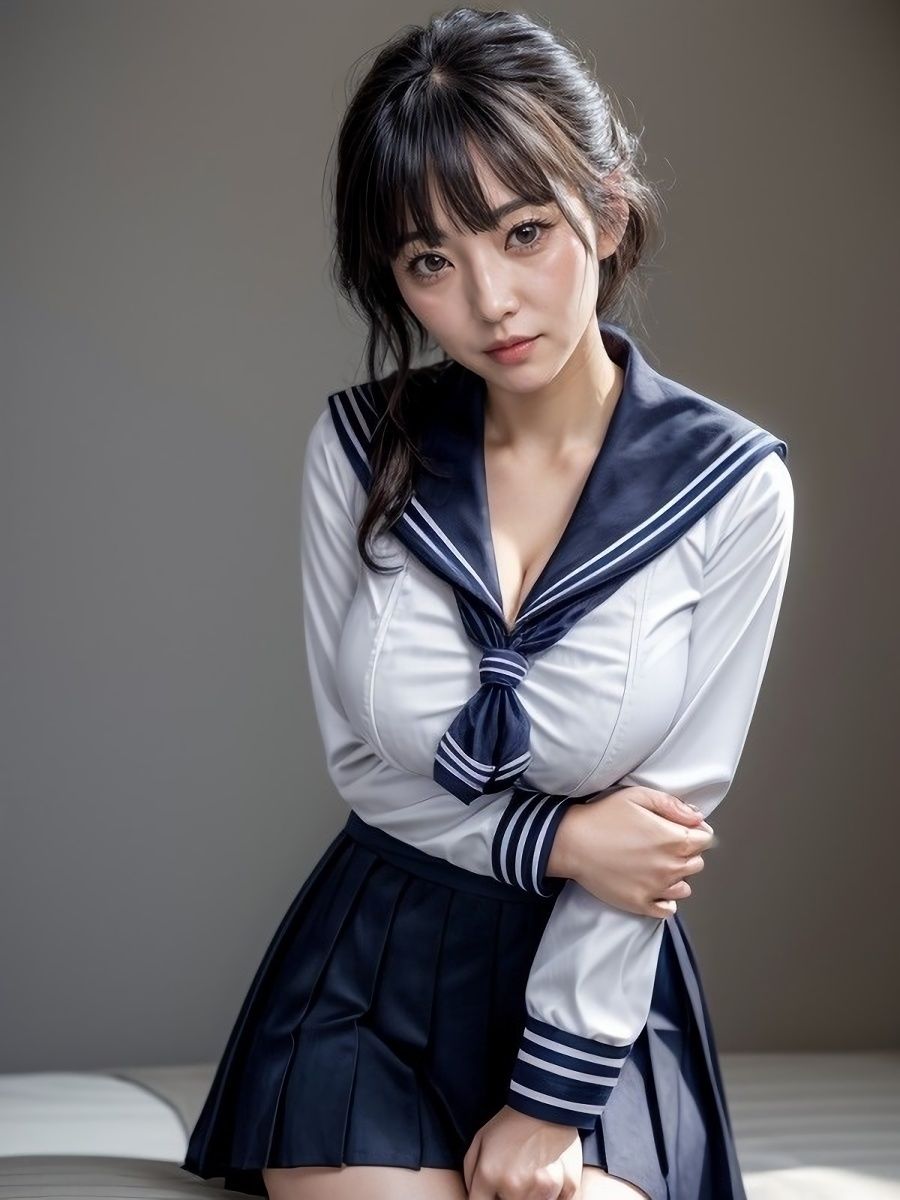 30代/40代/50代で普通乳〜巨乳サイズのセーラー服を着た黒髪熟女人妻の着衣おっぱい＆胸の谷間「リアル・実写系」写真集 画像1