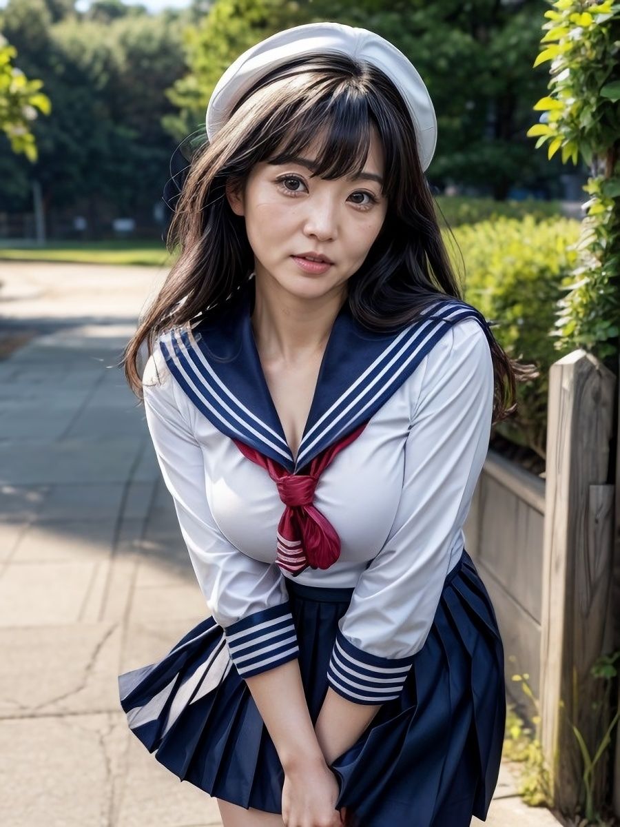 30代/40代/50代で普通乳〜巨乳サイズのセーラー服を着た黒髪熟女人妻の着衣おっぱい＆胸の谷間「リアル・実写系」写真集