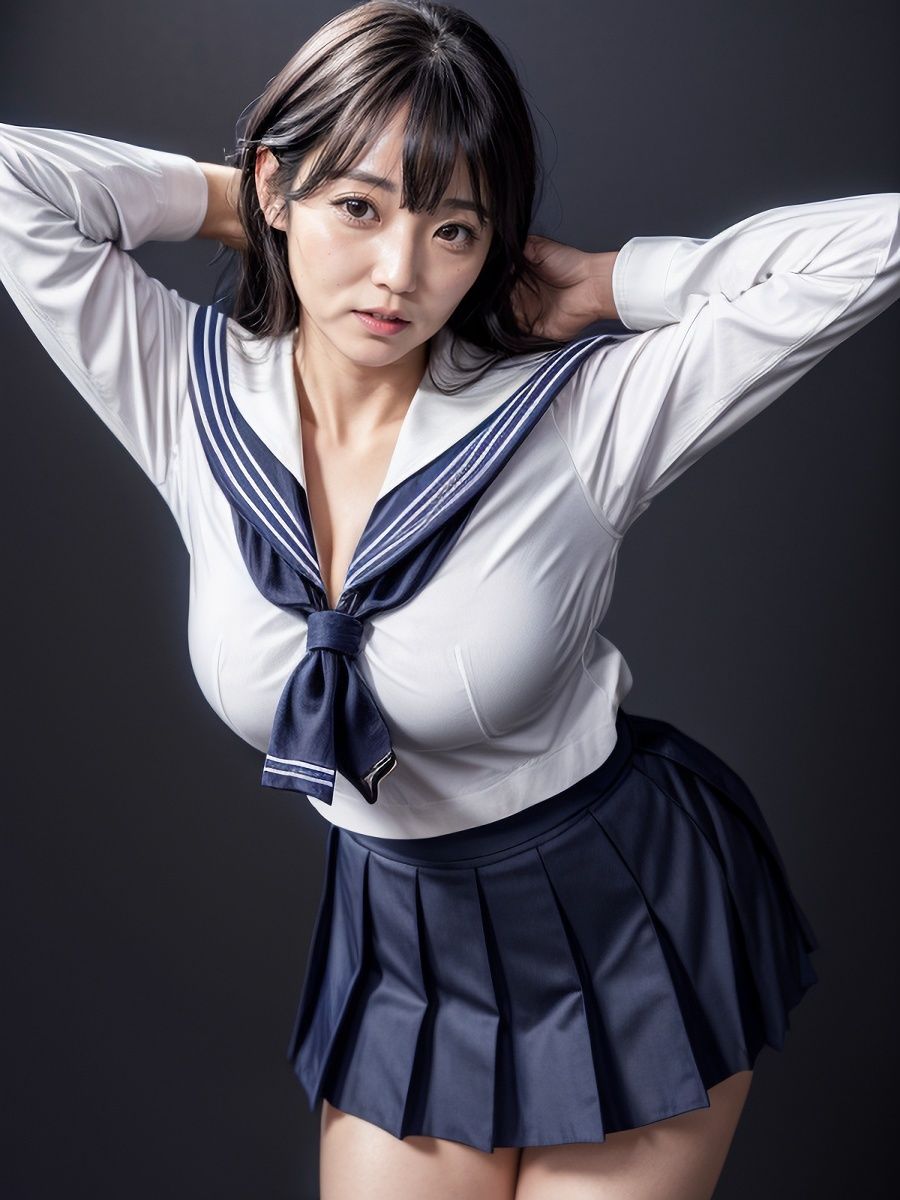 30代/40代/50代で普通乳〜巨乳サイズのセーラー服を着た黒髪熟女人妻の着衣おっぱい＆胸の谷間「リアル・実写系」写真集