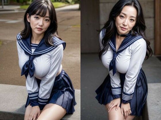 30代/40代/50代で普通乳〜巨乳サイズのセーラー服を着た黒髪熟女人妻の着衣おっぱい＆胸の谷間「リアル・実写系」写真集