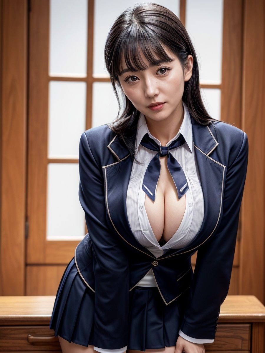 30代/40代/50代で普通乳〜巨乳サイズのJKブレザー制服を着た黒髪熟女人妻の着衣おっぱい＆胸の谷間「リアル・実写系」写真集 画像2