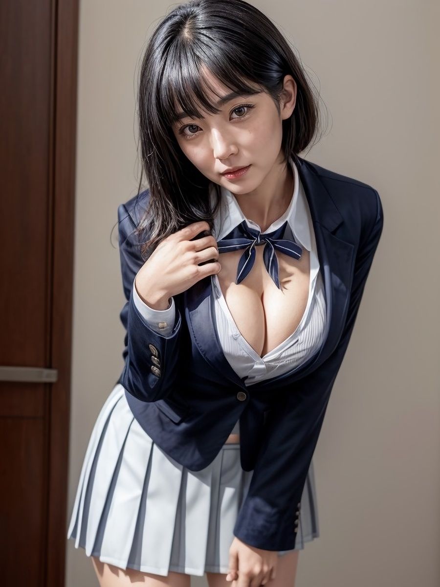 30代/40代/50代で普通乳〜巨乳サイズのJKブレザー制服を着た黒髪熟女人妻の着衣おっぱい＆胸の谷間「リアル・実写系」写真集