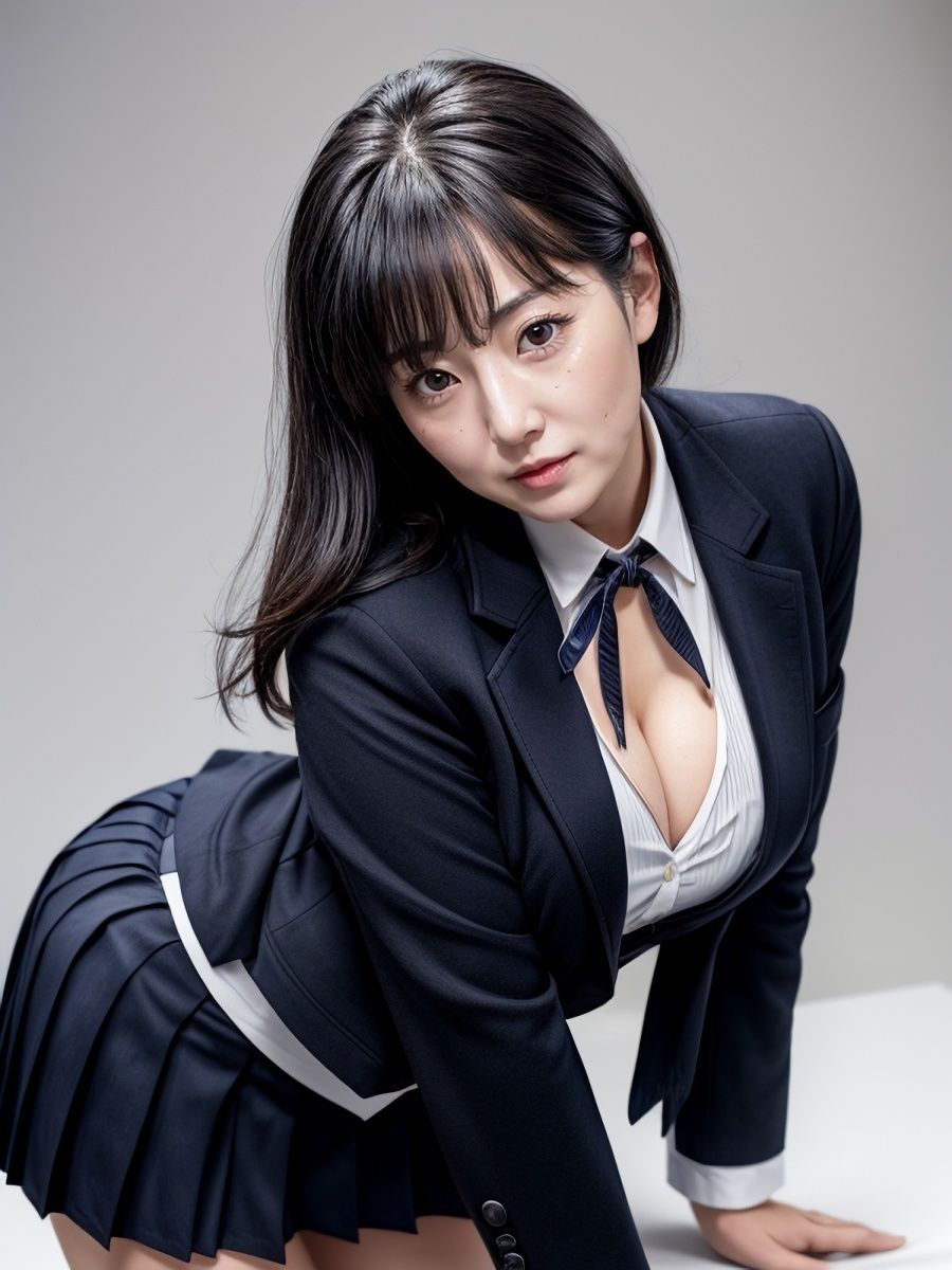 30代/40代/50代で普通乳〜巨乳サイズのJKブレザー制服を着た黒髪熟女人妻の着衣おっぱい＆胸の谷間「リアル・実写系」写真集