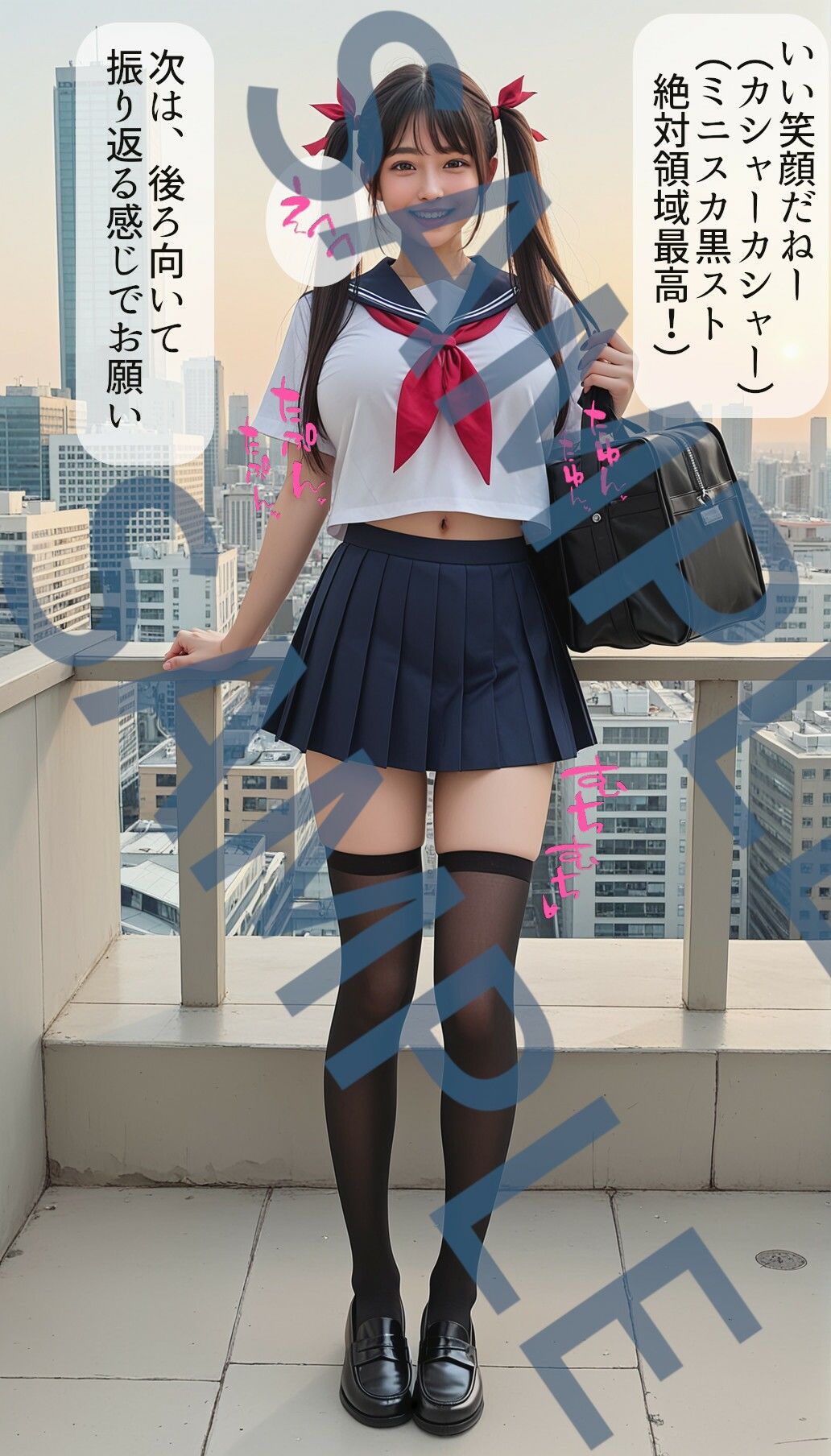 ミニスカセーラー服に黒スト絶対領域でグラビア撮影してるツインテが似合う現役J系の爆乳πズリフェラ大量顔射ぶっかけ