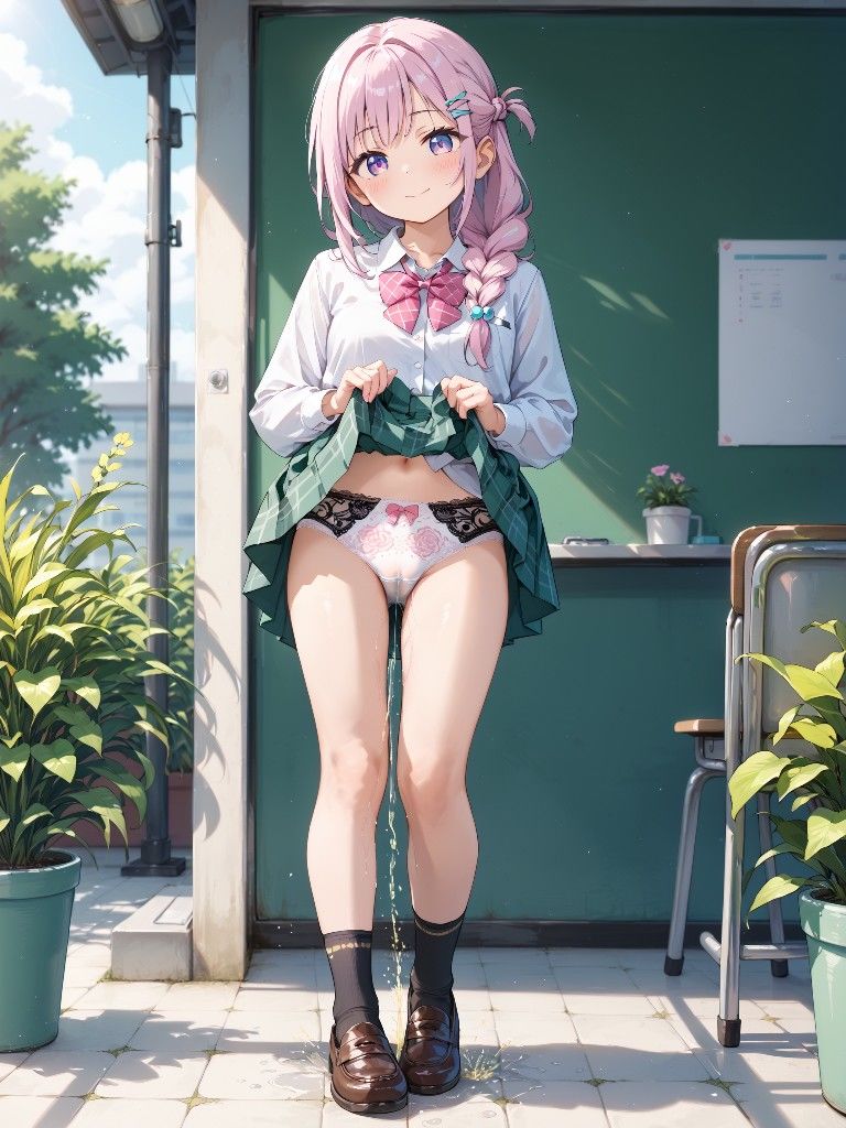 制服っぽいのを着たかわいい女の子たちがパンツをはいたままおしっこをおもらししている画像集28