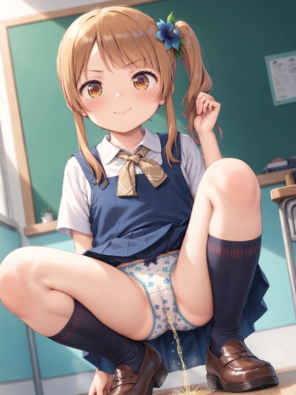 ジャンパースカートっぽいのを着たかわいい女の子がパンツをはいたままおしっこをおもらししている画像集1