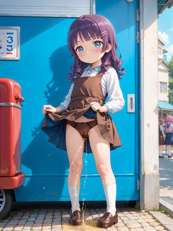 ジャンパースカートっぽいのを着たかわいい女の子がパンツをはいたままおしっこをおもらししている画像集10