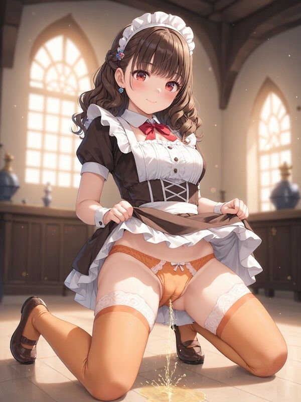 メイド服っぽいのを着たかわいい女の子がパンツをはいたままおしっこをおもらししている画像集16