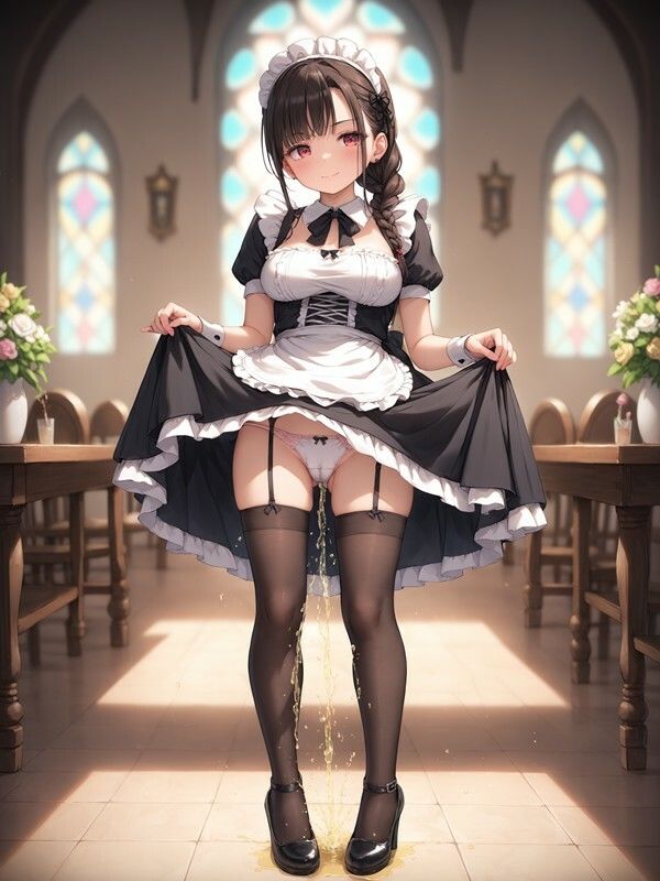 メイド服っぽいのを着たかわいい女の子がパンツをはいたままおしっこをおもらししている画像集110