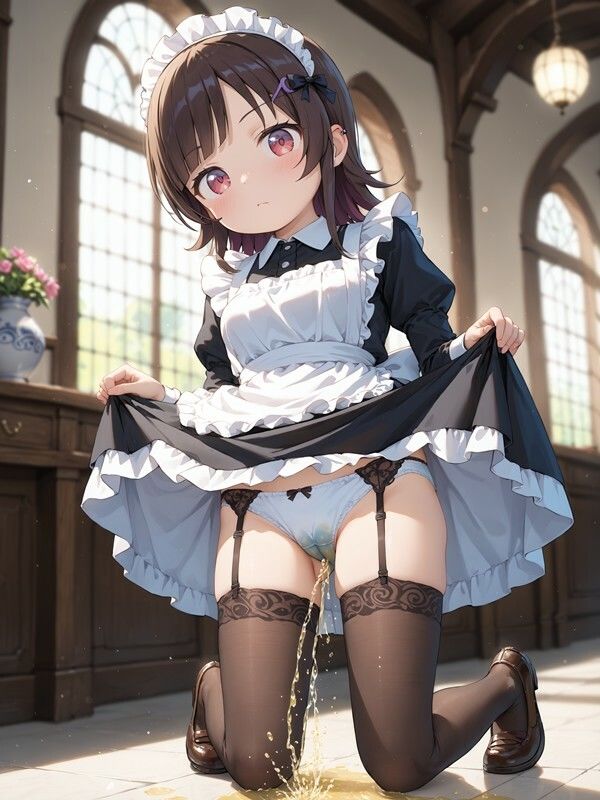 メイド服っぽいのを着たかわいい女の子がパンツをはいたままおしっこをおもらししている画像集24