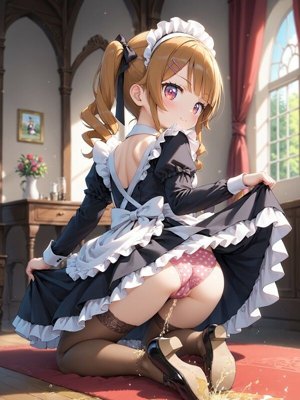 メイド服っぽいのを着たかわいい女の子がパンツをはいたままおしっこをおもらししている画像集29