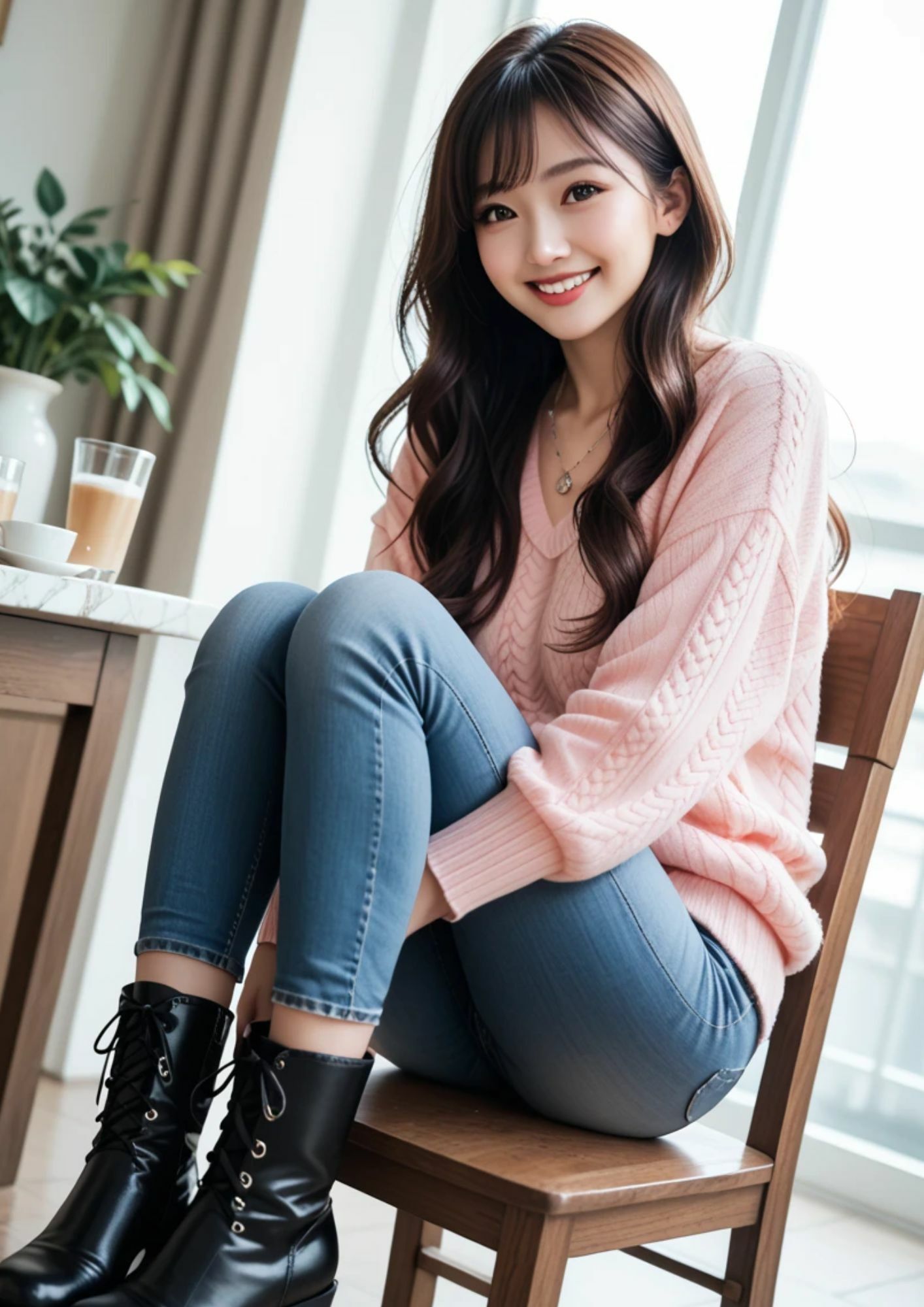 サンプル画像2:【AI美女画像集】カフェにいる綺麗なニットお姉さん編 たっぷり153ページ！(AI美女制作工房) [d_536477]