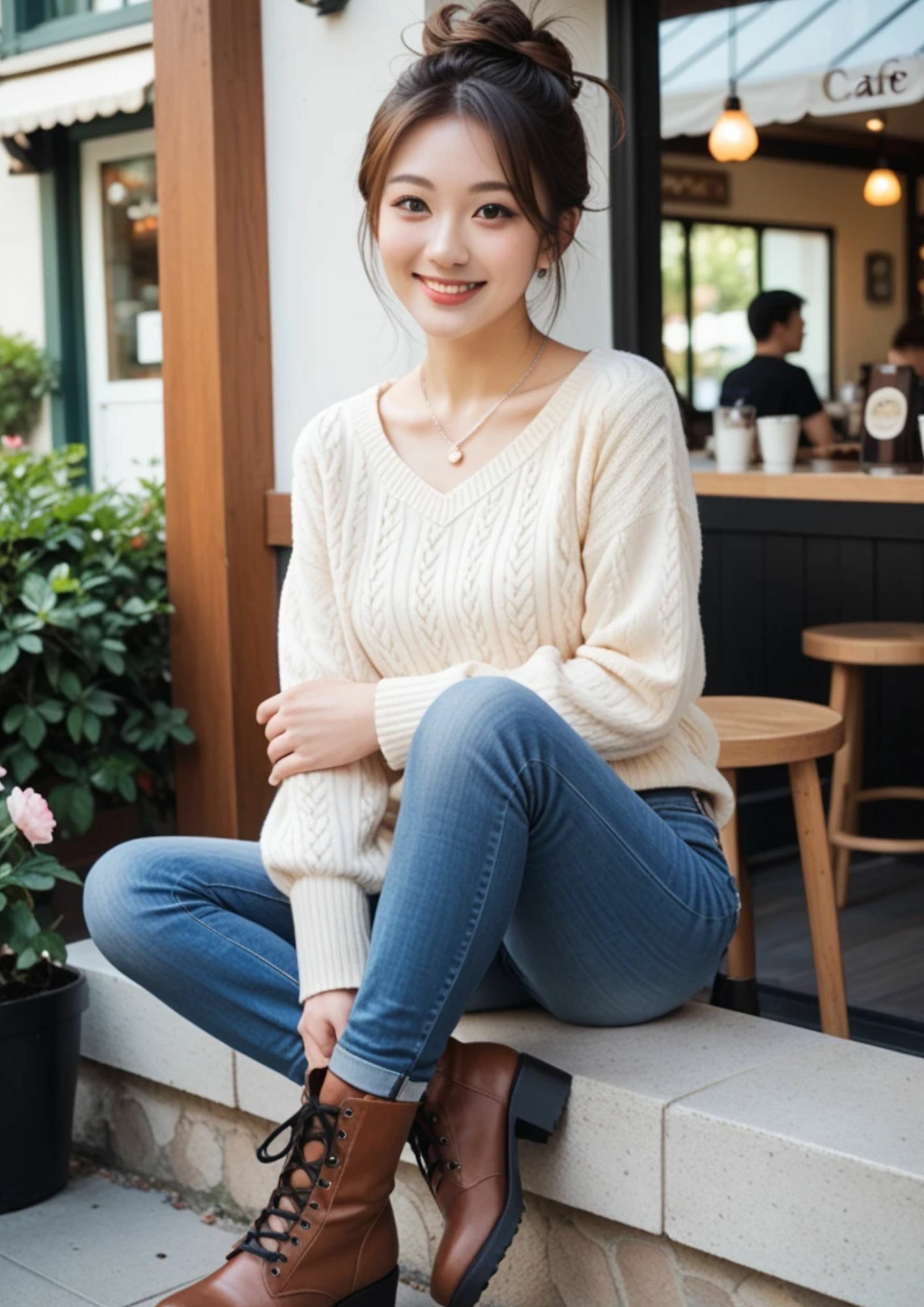 サンプル画像3:【AI美女画像集】カフェにいる綺麗なニットお姉さん編 たっぷり153ページ！(AI美女制作工房) [d_536477]