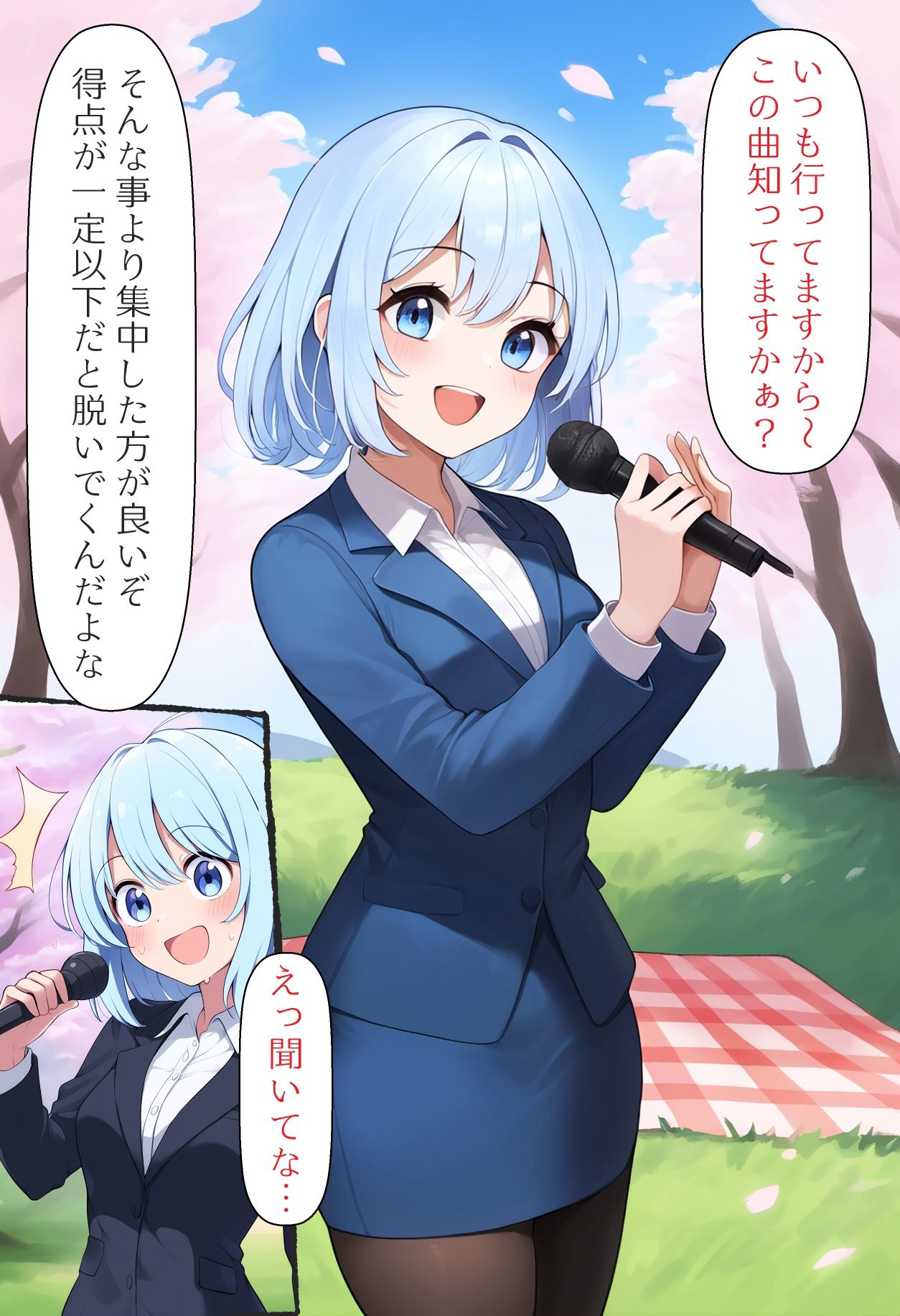 サンプル画像2:［AI生成イラストCG集］花見準備を手伝わない生意気な後輩に全裸カラオケをやらせたCG集(しそ@SISO_r18) [d_539287]