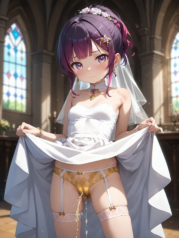 サンプル画像6:ウェディングドレスっぽいのを着たかわいい女の子がパンツをはいたままおしっこをおもらししている画像集2(えっふぇれ) [d_541230]